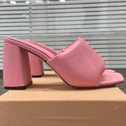 Slippers Summer 2024 Women's Genuine Leather Material Simplicity High Heel Sandals Square Head Open Toe Female Pumps