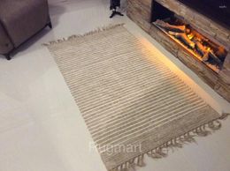 Carpets Rugs Striped Natural Cotton Jute Hand Loomed Beige Washable Reversible Area