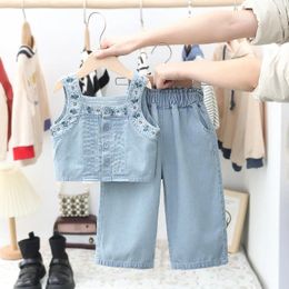 Clothing Sets Girls' Set 2024 Summer Children's Embroidered Tank Top Sleeveless Denim Fashion Jeans Wide Leg Pants Two Pieces Suit