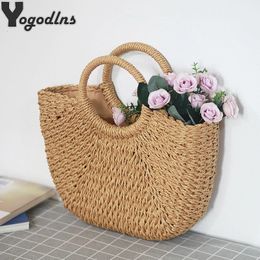 Summer Handmade Bags for Women Beach Weaving Ladies Straw Bag Wrapped Beach Bag Moon shaped Top Handle Handbags 240415