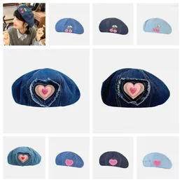 Berets Denim Cowboy Beret Cap Japanese Heart Pattern Y2K Octagonal Hat Cherry Artist Students