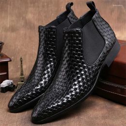 Boots Woven Design Black Ankle Mens Wedding Genuine Leather Autumn Motorcycle Outdoor Shoes