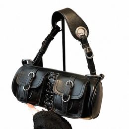 vintage Black Women Cylinder Underarm Bags Double Pocket Design Ladies Shoulder Bag Fi Female PU Leather Purse Handbags q9mc#