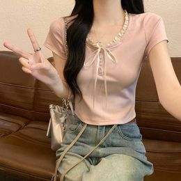 Pink lace up shoulder length short sleeved womens summer slim fit U-neck with wooden ear edge fake two piece T-shirt sweet and spicy short pure desire top