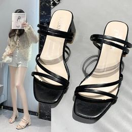 Dress Shoes Women Sandals Ladies Square Heels Elegant Summer Slippers 2024 Fashion Woman Low-heel For