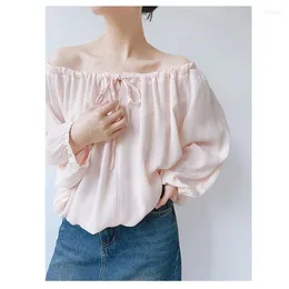 Women's Blouses Spring Lace-up Lantern Sleeve Women Chiffon Slash Neck Wrinkles Korean Tops Two Way Wear