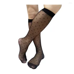 Men's Socks Ultra Thin See Through Mens Nylon Silk Knee High Formal Long Tube Dress Suit Dot Plaid Sexy Male Stocking