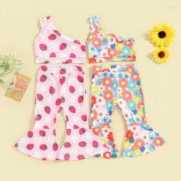 Clothing Sets FOCUSNORM 0-4Y Lovely Summer Kids Girls Clothes Floral/Strawberry Print One Shoulder Vest Tops Flare Pants 2pcs