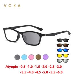 VCKA Myopia Discoloration Glasses Frame Square Clip On Sunglasses Men Women Magnetic Eyewear Prescription Optical -0.5 TO -10 240418