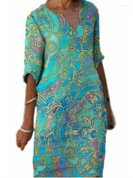 Casual Dresses V-Neck Mid-Sleeve Dress Multicolor Print Shirt Women's Long-Sleeve