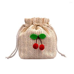 Shoulder Bags Women Straw Bag Handmade Cherry Drawstring Crossbody Versatile Crochet Satchel Girls Outdoor Daily