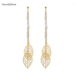 Stud Earrings Banny Pink Elegant Double Leaves Pendant For Women Gold Color Long Statement Post Party Brincos