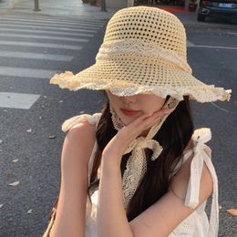 Berets French Lace Bucket Hats For Women Spring Summer Seaside Vacation Outdoor Sun Protection Versatile Big Brim Sweet Hat