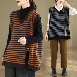 Women's Vests Spring Literary Vintage V-neck Coats Vest Women Stripes Loose Leisure Fashion Korean Versatile Patchwork Knitted Split