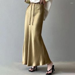 Skirts 2024 Arrival Women Office Lady Elegant A-Line Long Skirt High Waist Satin Spring Maxi Temperament Simple Solid