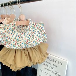 T-shirts Korean Style New Summer Baby Girl Sets Round Collar Floral Sleeveless Tshirts+Khaki Pantskirt Children Clothing E100039