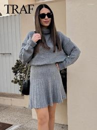 Work Dresses 2024 Fashion Vintage Women's Knit Grey Cropped Sweater High Neck Long Sleeve Loose Pullovers Female Chic Skirt Sets Street