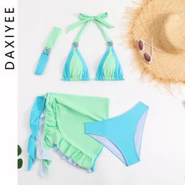 Women's Swimwear Contrast Color Rhinestones Bikinis With Skirt Cover Up Women Diamond Crystal Thong Head Band 4pcs Swimsuit Bathing Suit