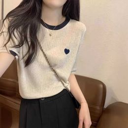 2024 New Good Soft Sticky Contrast Colour Love Short sleeved Cute Sweater Womens Summer Loose Thin Ice Silk Knitted Top