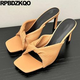 Slippers Pleated Shoes Fish Mouth 2024 Runway Modern High Heels Slides Women Chic Peep Toe Stiletto Sandals Pumps Catwalk Beige