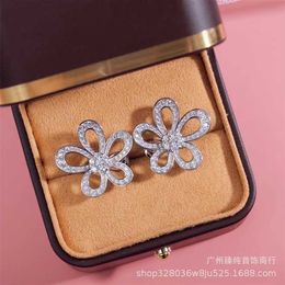 Designer Charm High Version Van Four Leaf Grass Earrings For Womens New Full Diamond Big Petal Sun Jewelry