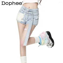 Women's Jeans 2024 Summer Sweet Cool Girl Ripped Embroidered Washed Denim Shorts With Belt Baggy Y2k Pants Streetwear Short