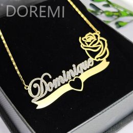 Necklaces DOREMI Stainless Steel Personalised Gift Jewellery Crystal White Cz Name Zircon Rose Flower Necklace Women Gift Jewellery