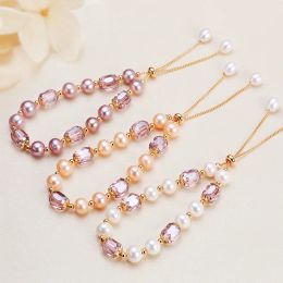 Strands Purple Crystal Adjustable Size Pink White Natural Freshwater Pearl Bracelet for Women Summer Exquisite Jewelry Accessories