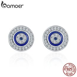 Earrings Bamoer Authentic 925 Sterling Silver Blue Zircon Evil Eye Lucky Eye Round Stud Earrings for Women Birthday Gift Jewellery SCE148