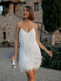 Sexy Womens Fringed Sequin Feather Stitching Dress Summer Slim VNeck Off Shoulder Dresses Female Backless Slip Mini Robe 240419