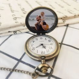 Charms Custom Photo Text Retro Smooth Quartz Pocket Watch Personalised Vintage Black Copper Silver Colour Pendant Clock Fathers Day Gift