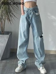 Women's Jeans Spring Summer Fashion Korean High Waist Washed Pocket Vintage Stylish Hole Asymmetrical Straight Wide Leg Trousers Street