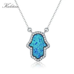 Necklaces KALETINE Opal Hamsa Hand of Fatima Charm Genuine 925 Sterling Silver Pendant Necklace Jewelry Long Chain Necklace KLTN022