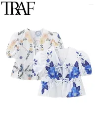 Women's Blouses GAL 2024 Summer Bow Tied Women Short Shirt 2 Color Printed Puff Sleeve V Neck Hollow Out Thin Blouse Female Crop Top