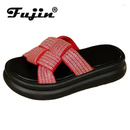 Slippers Fujin 5cm Rhinestone Microfiber Weave PU Leather Women Sandals Platform Wedge Sandal Fashion Bling Summer Shoes