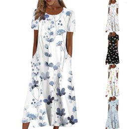 Casual Dresses Women's Summer Fashion Vintage Floral Printed Slim-Type Round Neck Loose Vestidos Femenino