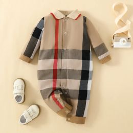 Baby Jumpsuit Versatile Lapels nyfödda rutiga långt ärm underkläder, bomulls casual pojke flickor som kryper kläder