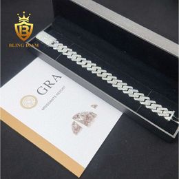 Pass Diamond Test Ice Out 15mm Hip Hop Bracelet 2 Row Round Cut S925 Silver Vvs Moissanite Miami Cuban Chain Bracelet for Men