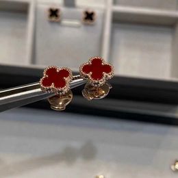 High version Van small four leaf clover earrings female Gold thickened plating 18k rose gold natural red chalcedony white fritillaria jewelry