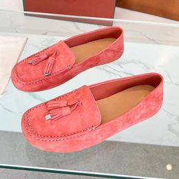 hot sale women genuine leather loafers runway classic brand designer round toe slip on outside walking flat causal Tassels decor comfortable walk shoes