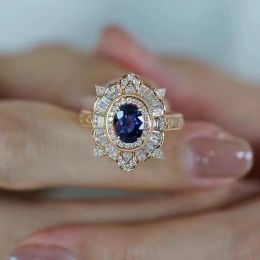 Bands Vintage Antique Rings for Women Luxury Yellow Gold Color Simulation Sapphire Cocktail Ring Wedding Engagement Finger Jewelry