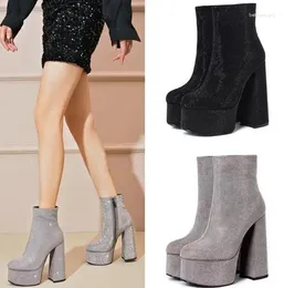 Boots Sliver Black Bling Full Rhinestone Sequined 145 Mm Chunky Heels Ankle Woman Round Toe Platform Short Booties Shoes Lady