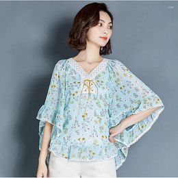 Women's Blouses Stylish Loose Printed Folds Lace Up Bow Ruffles Blouse Women Clothing 2024 Summer Oversized Casual Tops Batwing Sleeve Shirt