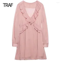 Casual Dresses Womens Summer Autumn Ruffled Pink Dress Mini V-Neck Long Sleeve Short Elegant Party For Women Luxury