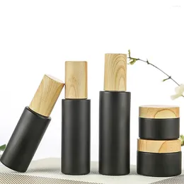 Storage Bottles Retro Matte Black Glass Skin Care Travel Eye Cream Bottle Cosmetic Container Lotion Spray With Wood Grain Lid