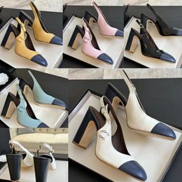 new Womens Designer Luxury pointed-toe high-heele Sandals fashion classic Casual all-match Patchwork leather Shoes ladys Sexy back hollow Chunky heels sandal sizes