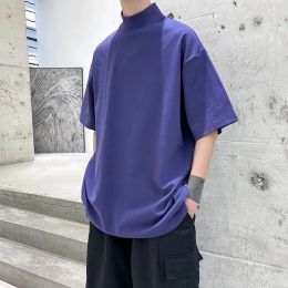 Shirts Mens Streetwear Turtleneck Tshirt Men Solid Color Male Oversized Hip Hop T Shirt Man Casual Short Sleeve Tshirts Tops Tees