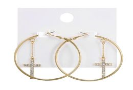 Korean Design Minimalist Gold Color Big Hoop Earrings With Crystal Pendant Women's Vintage Charm Hoops Earring4254717