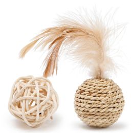 Houses 2pcs Cat Toy Pet Rattan Ball Cat Toy Funny Faux Feather Cat Bell Ball Kitten Playing Interactive Ball Toys Pet Supplies