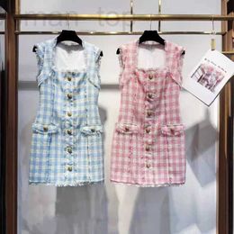 Street Style Dresses Designer Early Spring New Balm Nanyou Gaoding Mingyuan Yujie Wind Sweet US Dollar Square Neck Plaid Sleeveless Zipper Dress DIT4